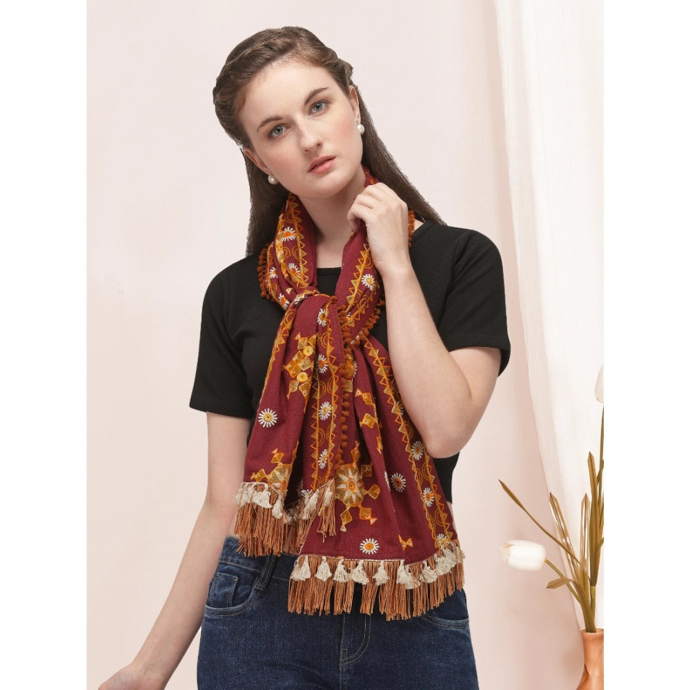 Generic Women's Cotton Embroidered Muffler (Maroon, Length: 0.5 to 1 Mtr)