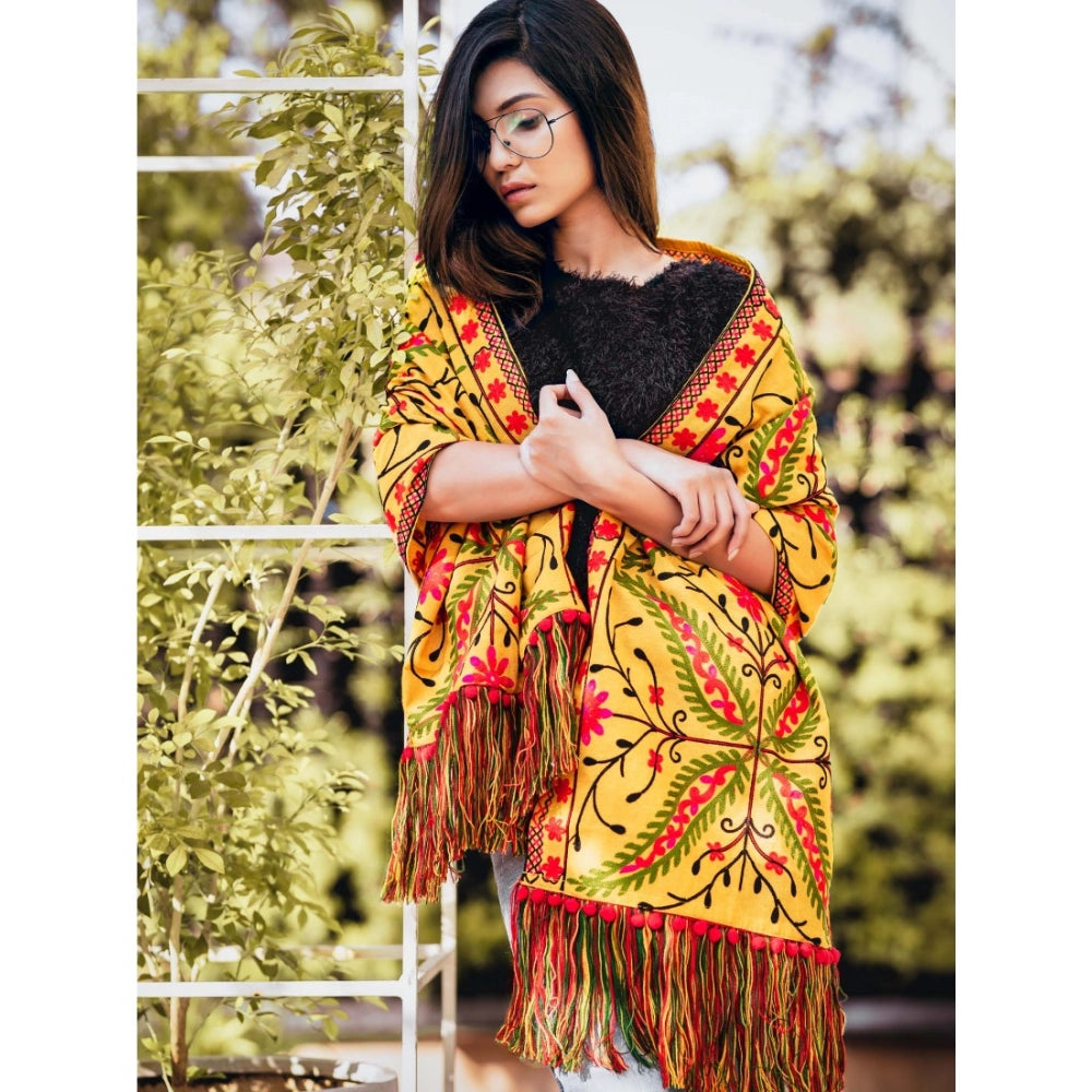 Generic Women's Cotton Embroidered Muffler (Mustard, Length: 0.5 to 1 Mtr)