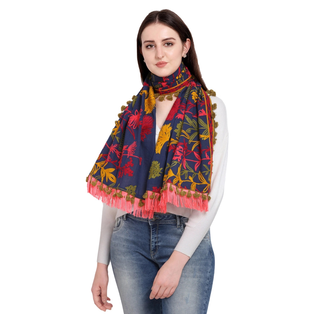 Generic Women's Cotton Embroidered Muffler (Navyblue, Length: 0.5 to 1 Mtr)