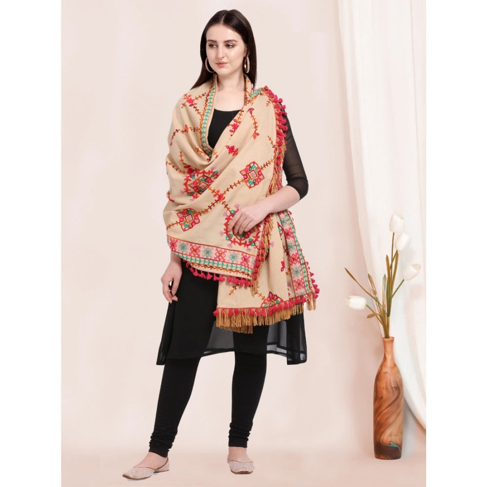 Generic Women's Cotton Embroidered Dupatta (Beige, Length: 0.5 to 1 Mtr)