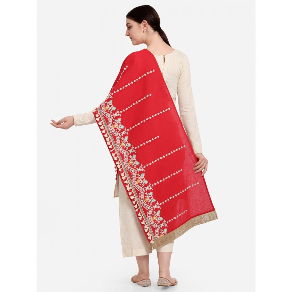 Generic Women's Cotton Embroidered Dupatta (Red, Length: 1.5 to 2 Mtr)