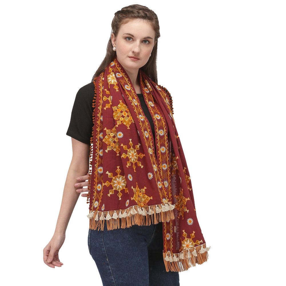 Generic Women's Cotton Embroidered Muffler (Maroon, Length: 0.5 to 1 Mtr)