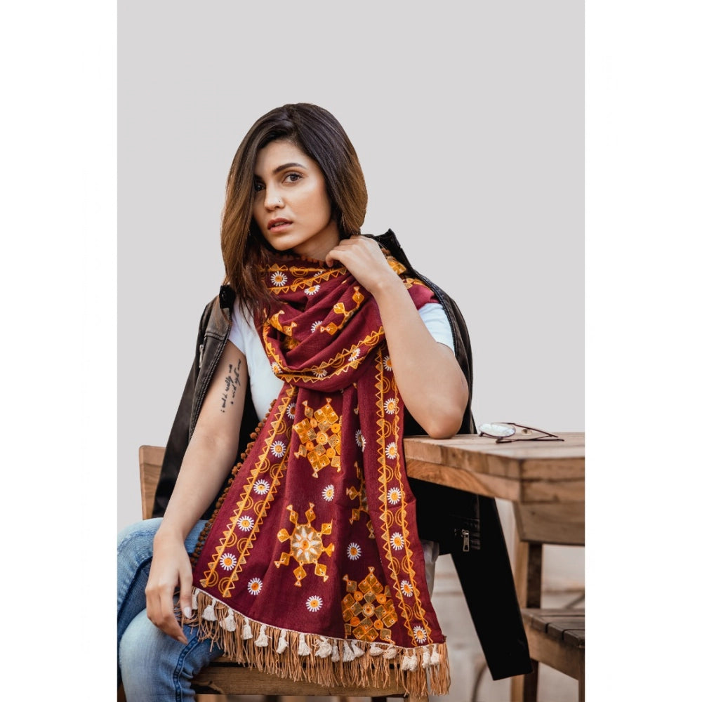 Generic Women's Cotton Embroidered Muffler (Maroon, Length: 0.5 to 1 Mtr)