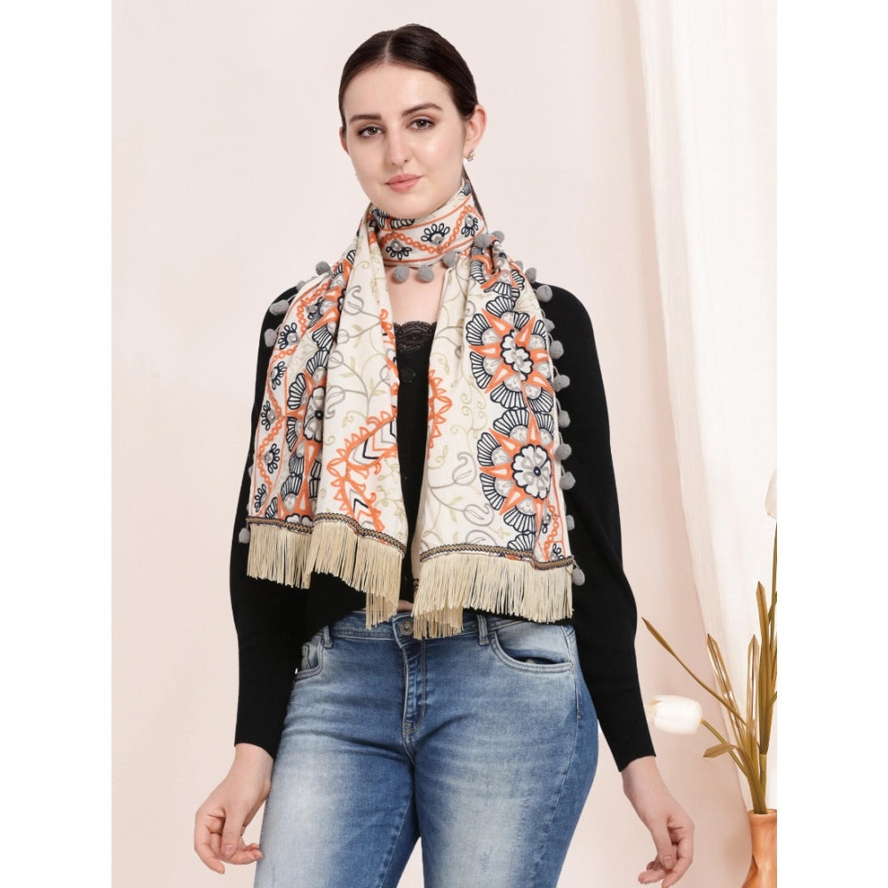 Generic Women's Cotton Embroidered Muffler (Off White, Length: 0.5 to 1 Mtr)