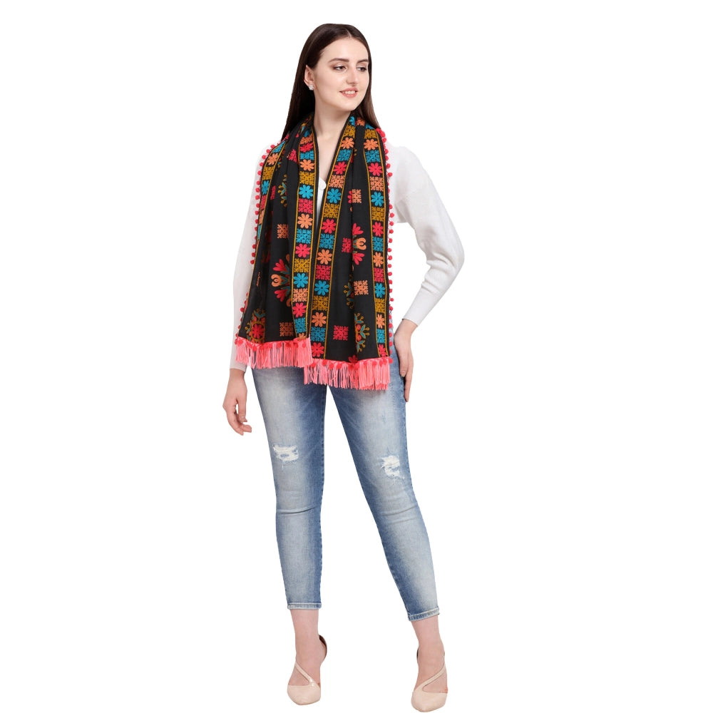 Generic Women's Cotton Embroidered Muffler (Black, Length: 0.5 to 1 Mtr)