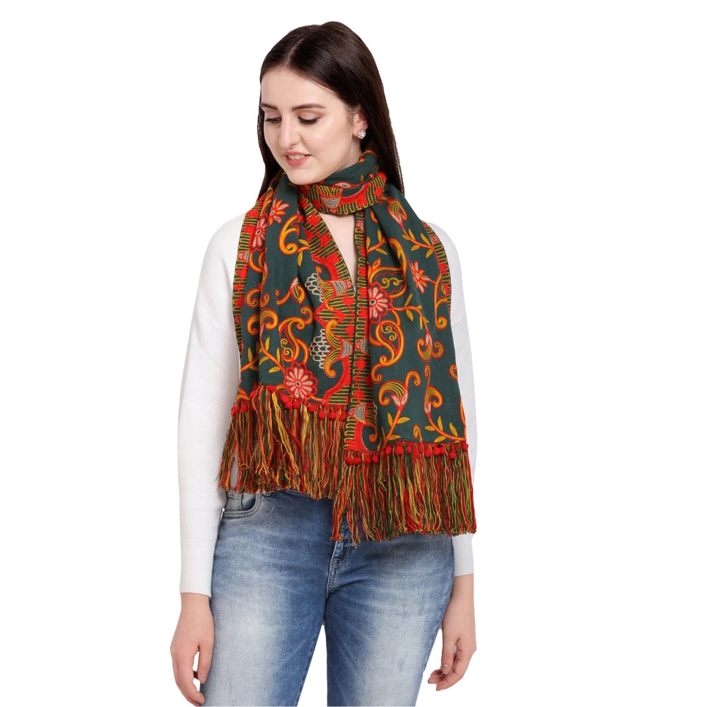 Generic Women's Cotton Embroidered Muffler (Green, Length: 0.5 to 1 Mtr)