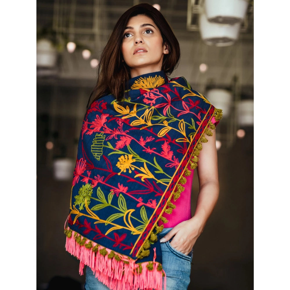 Generic Women's Cotton Embroidered Muffler (Navyblue, Length: 0.5 to 1 Mtr)