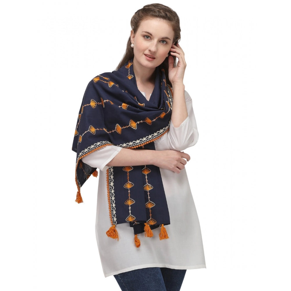 Generic Women's Cotton Opaque Stole (Navy Blue , Length: 1.5 to 2 Mtr)