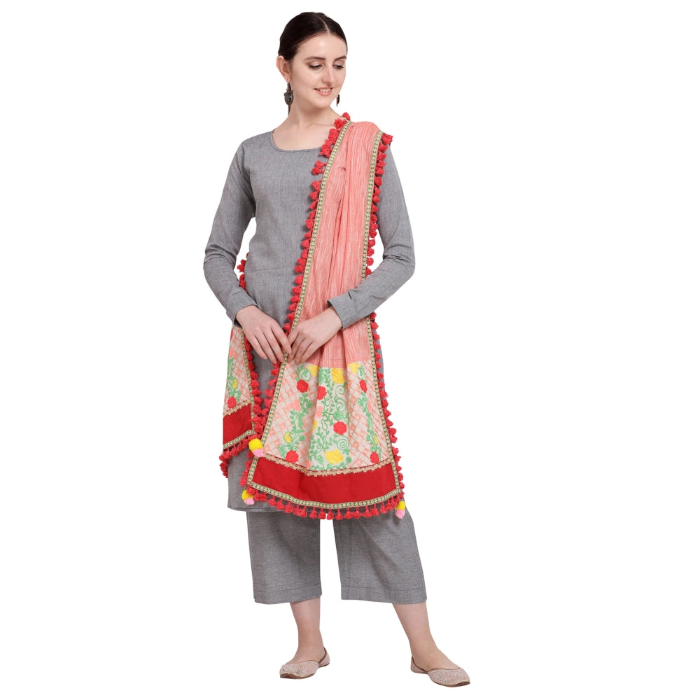 Generic Women's Cotton Embroidered Dupatta (Peach, Length: 1.5 to 2 Mtr)