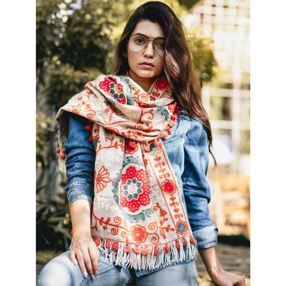 Generic Women's Cotton Embroidered Muffler (Beige, Length: 0.5 to 1 Mtr)
