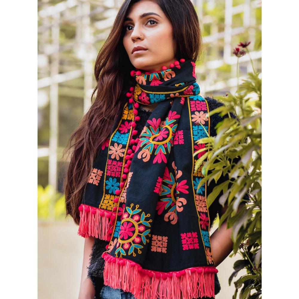 Generic Women's Cotton Embroidered Muffler (Black, Length: 0.5 to 1 Mtr)