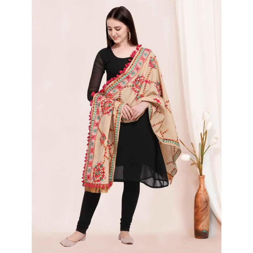 Generic Women's Cotton Embroidered Dupatta (Beige, Length: 0.5 to 1 Mtr)