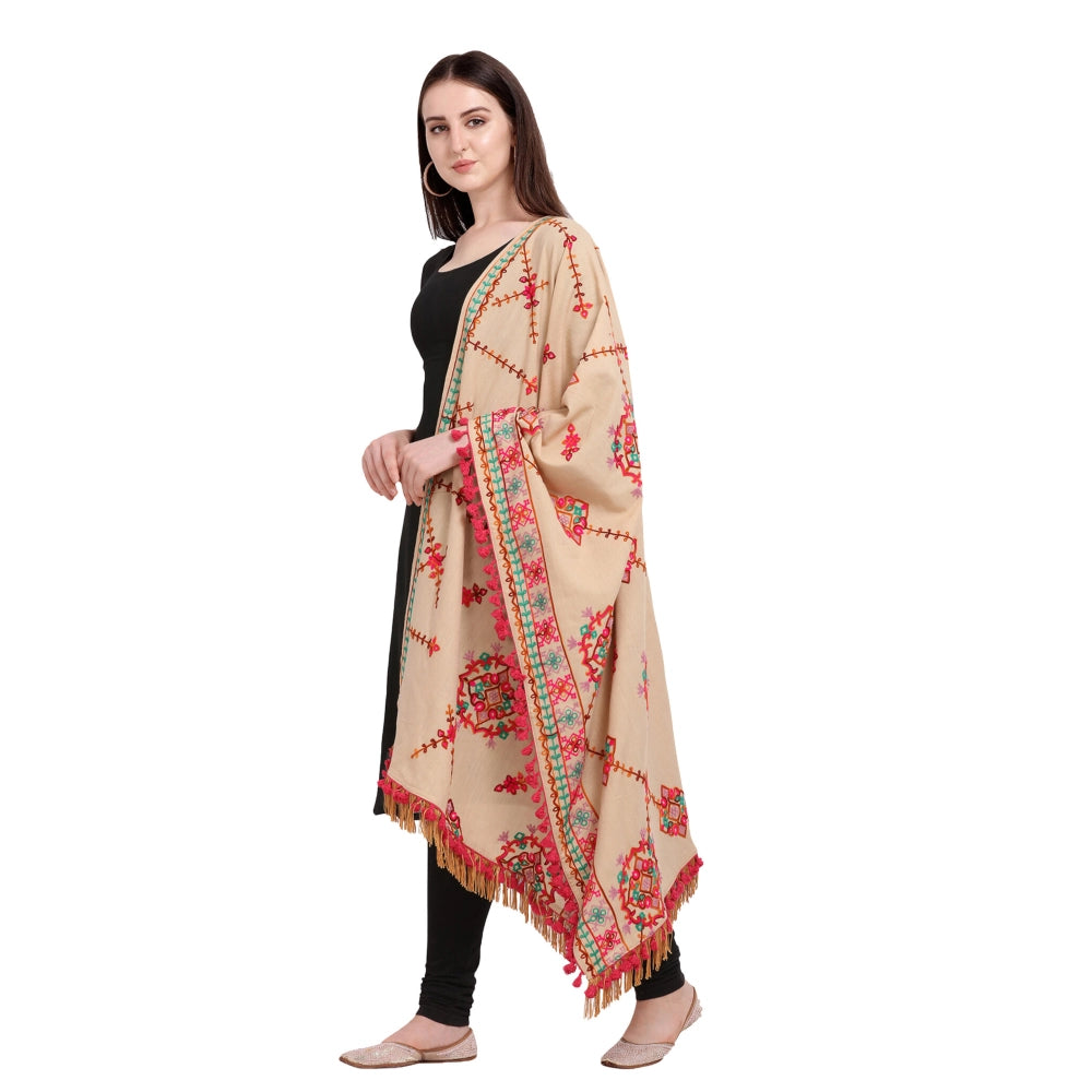 Generic Women's Cotton Embroidered Dupatta (Beige, Length: 0.5 to 1 Mtr)