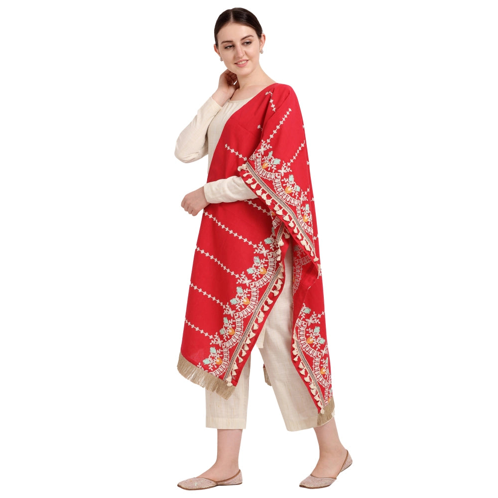 Generic Women's Cotton Embroidered Dupatta (Red, Length: 1.5 to 2 Mtr)