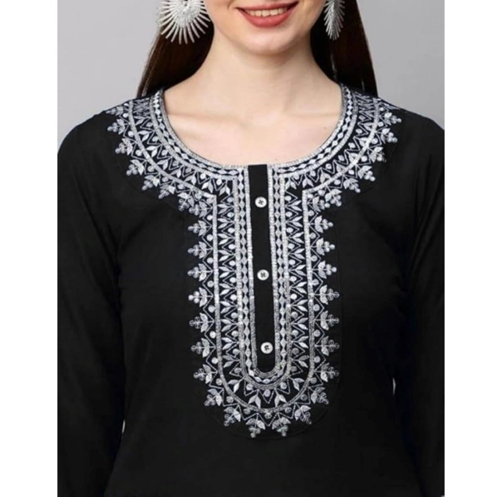 Generic Women's Cotton Printed 3-4th Sleeve Ankle Length Kurti with Pant Set (Black)