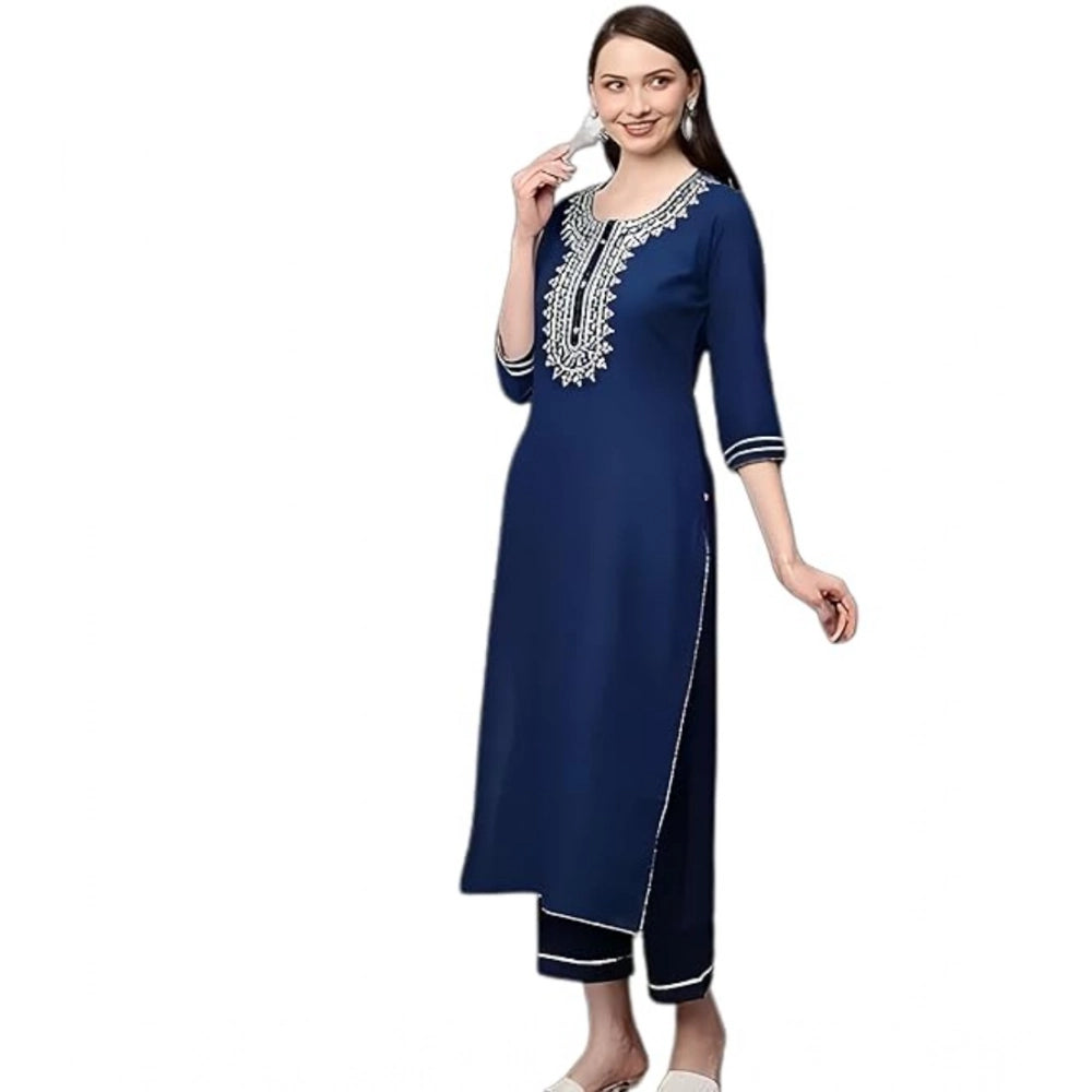 Generic Women's Cotton Printed 3-4th Sleeve Ankle Length Kurti with Pant Set (Blue)