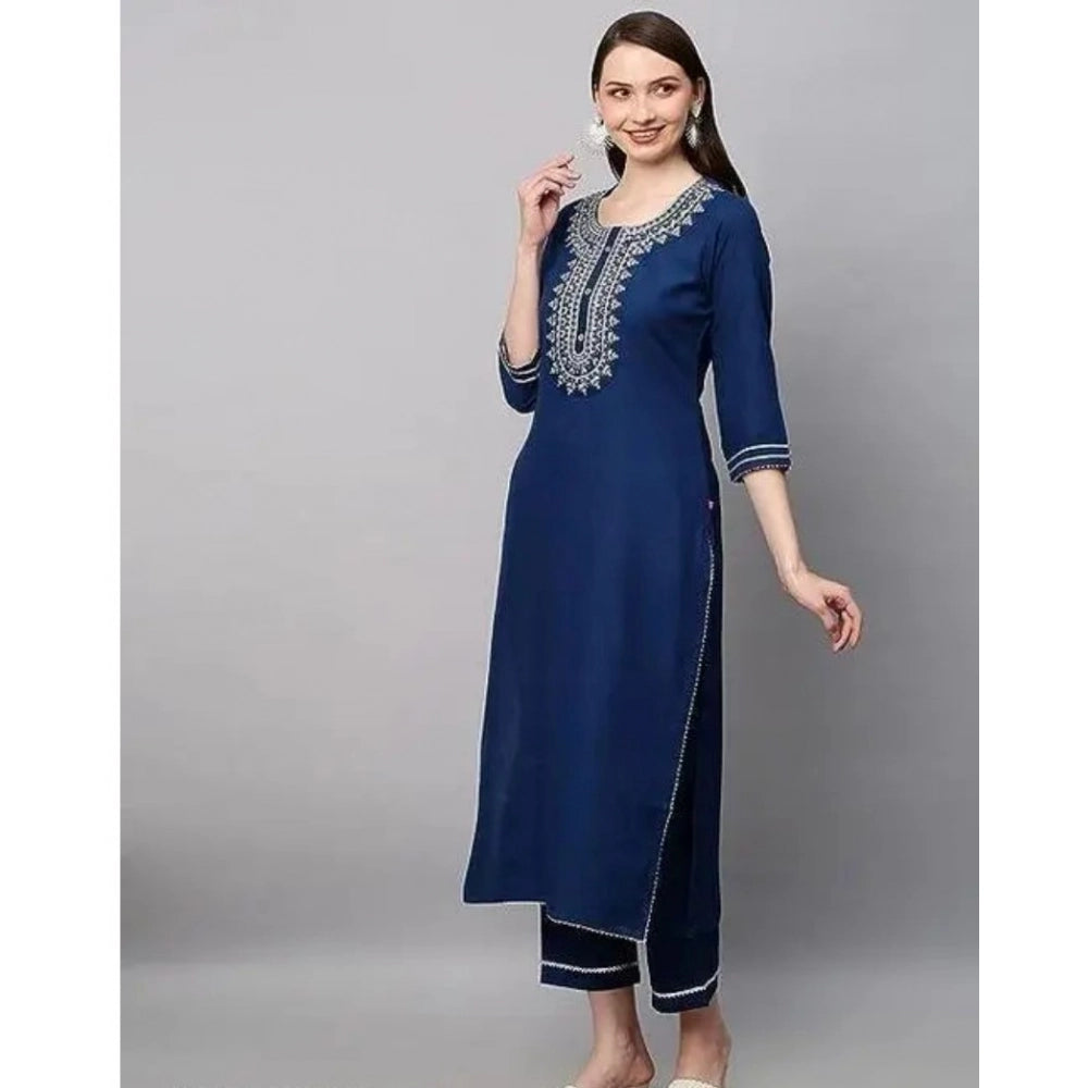 Generic Women's Cotton Printed 3-4th Sleeve Ankle Length Kurti with Pant Set (Blue)