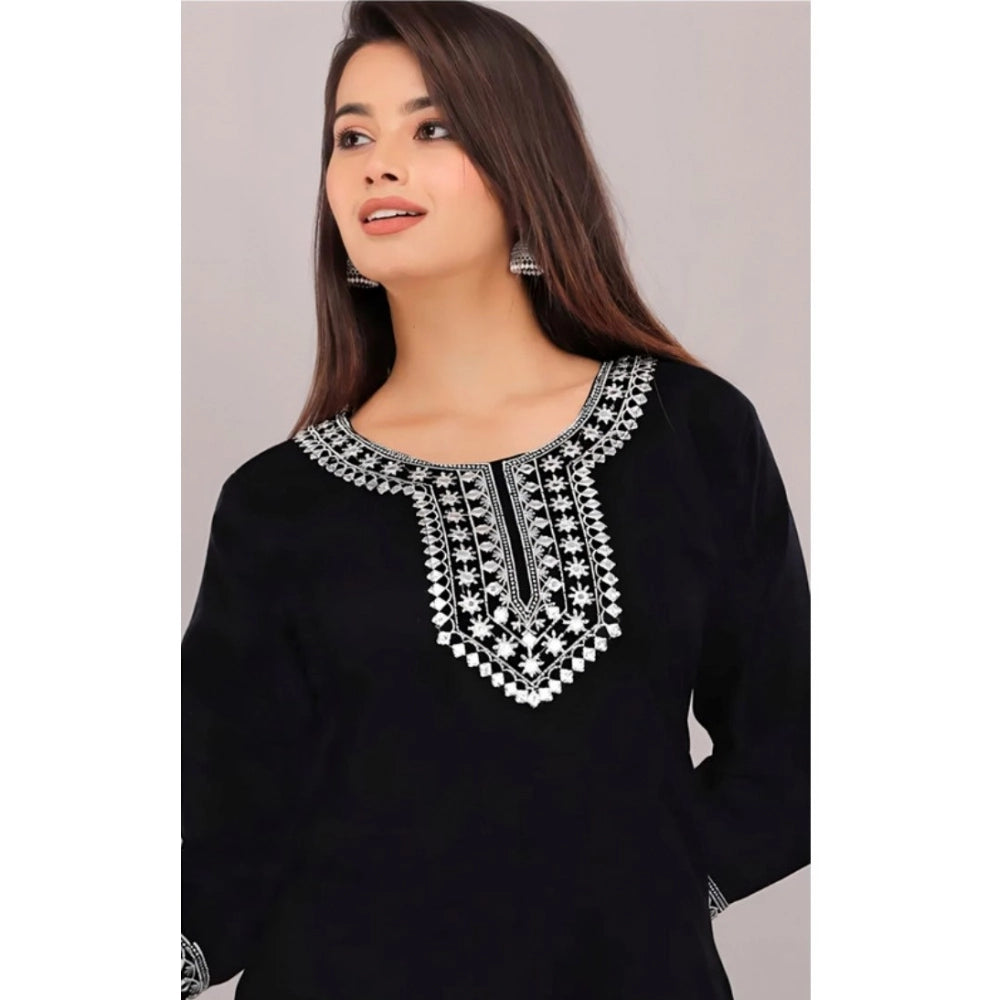 Generic Women's Cotton Printed 3-4th Sleeve Calf Length Kurti with Pant Set (Black)