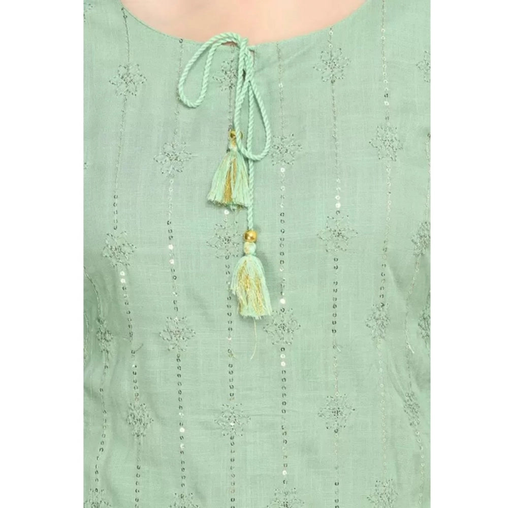 Generic Women's Cotton Embroidery 3-4th Sleeve Calf Length Kurti with Pant Set (Green)
