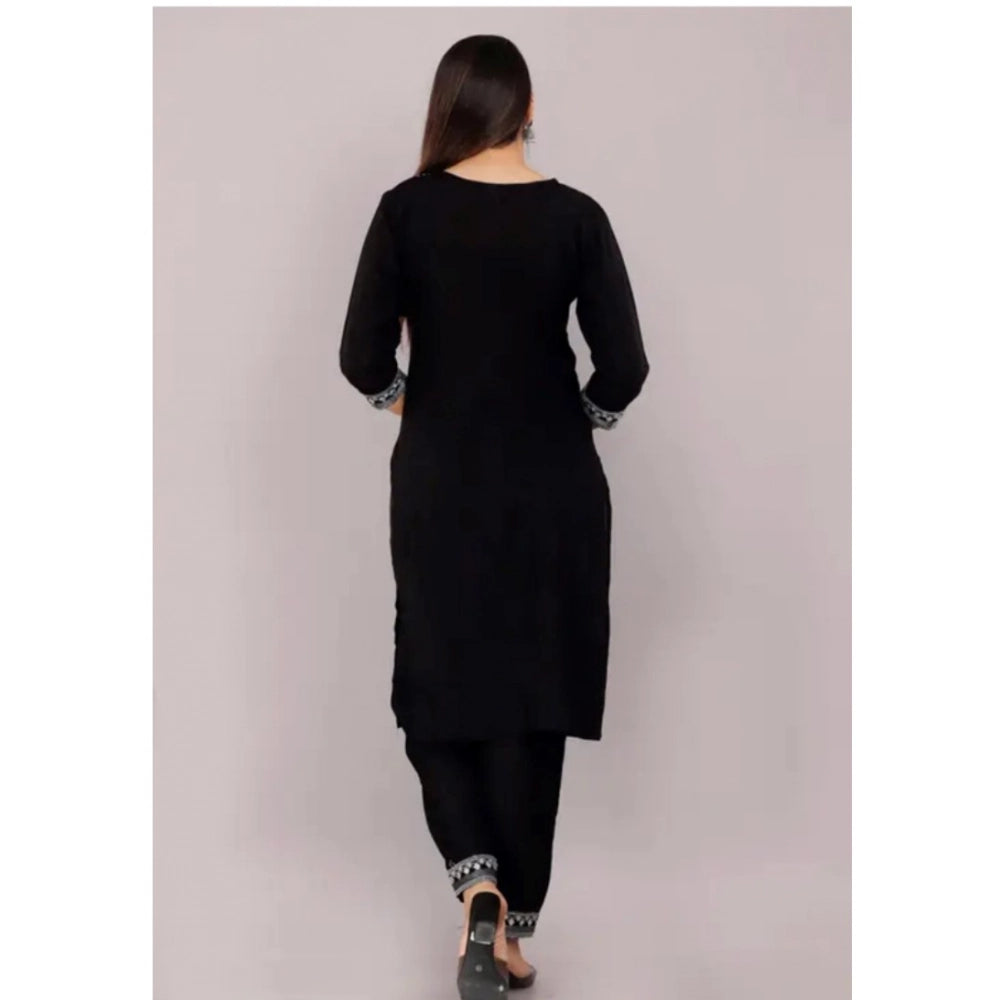 Generic Women's Cotton Printed 3-4th Sleeve Ankle Length Kurti with Pant Set (Black)
