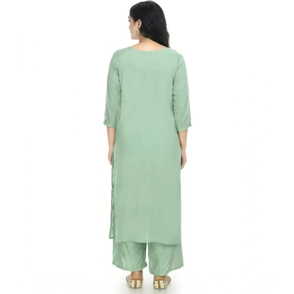 Generic Women's Cotton Embroidery 3-4th Sleeve Calf Length Kurti with Pant Set (Green)