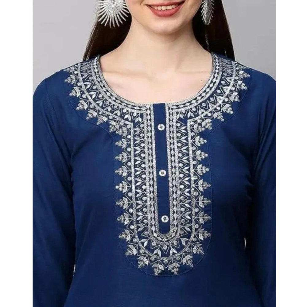 Generic Women's Cotton Printed 3-4th Sleeve Ankle Length Kurti with Pant Set (Blue)