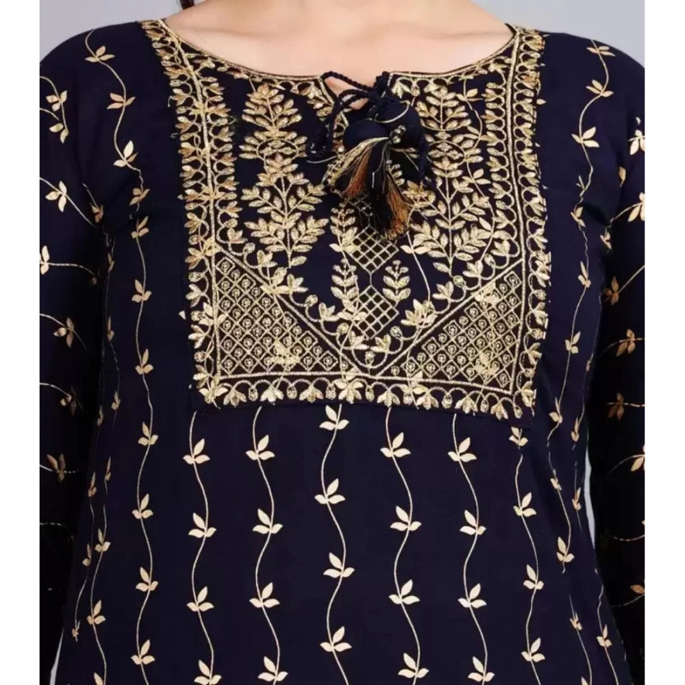 Generic Women's Cotton Printed 3-4th Sleeve Calf Length Kurti with Pant Set (Blue)
