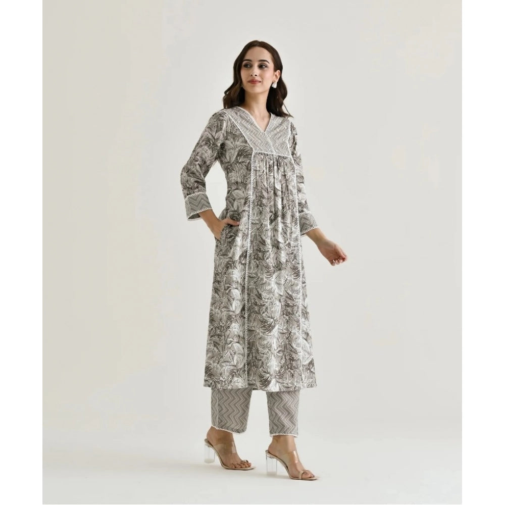 Generic Women's Cotton Blend Printed V Neck Kurti with Pant Set (Grey)