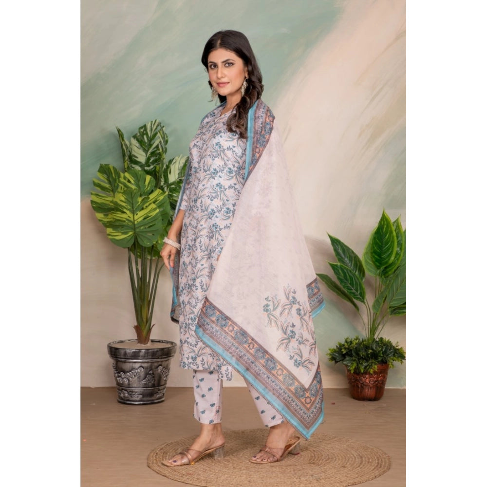 Generic Women's Cotton Blend Printed V Neck Kurti with Pant and Dupatta Set (Light Pink)