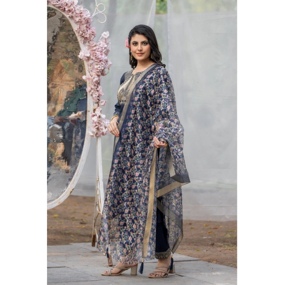 Generic Women's Rayon Printed V Neck Kurti with Pant and Dupatta Set (Navy Blue)