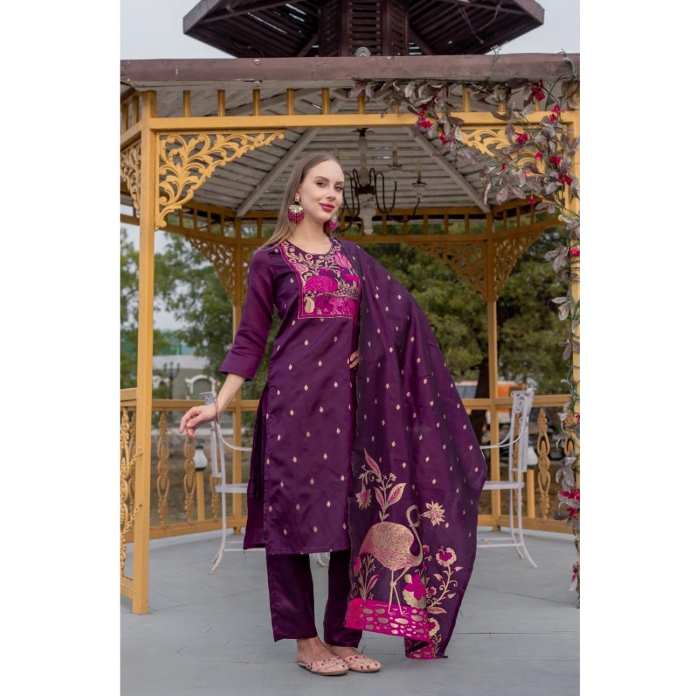 Generic Women's Cotton Blend Printed Round Neck Kurti with Pant and Dupatta Set (Purple)