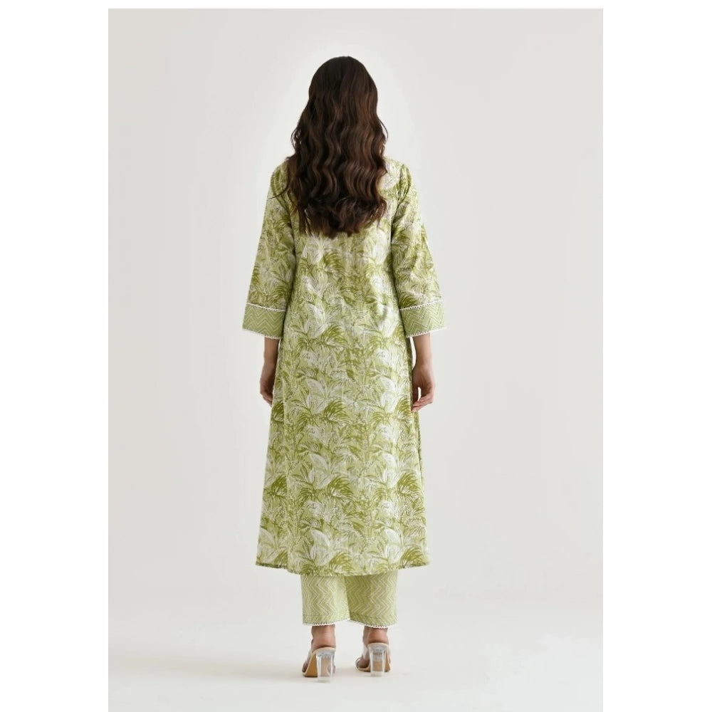 Generic Women's Cotton Blend Printed V Neck Kurti with Pant Set (Green)