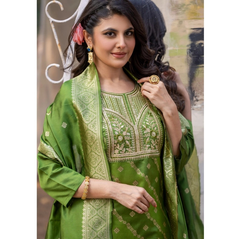 Generic Women's Polyster Printed Round Neck Kurti with Pant and Dupatta Set (Green)