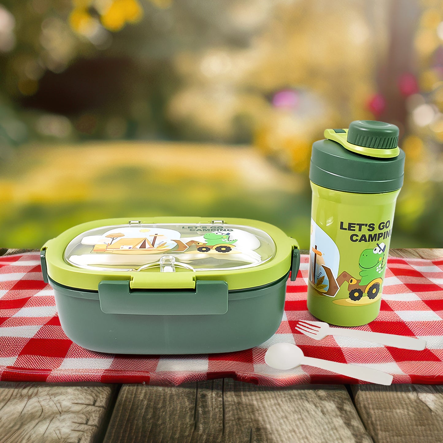 Plastic Lunch Box Leak Proof 3 Compartment With Bottle Spoon And Fork (1 Set) - eazy cart store