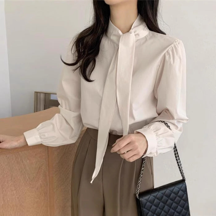 Spring New Gentle Lace-up Bow Tie Design Puff Sleeve Solid Color Shirt For Women