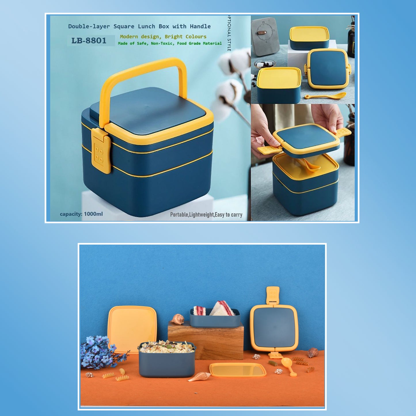 2868 Blue Double-layer Portable Lunch Box Stackable With Carrying Handle And Spoon Lunch Box - eazy cart store