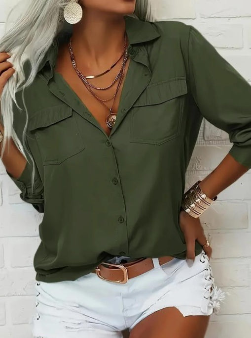 Ladies' Solid Color V-neck Lapel Pocket Casual Shirt