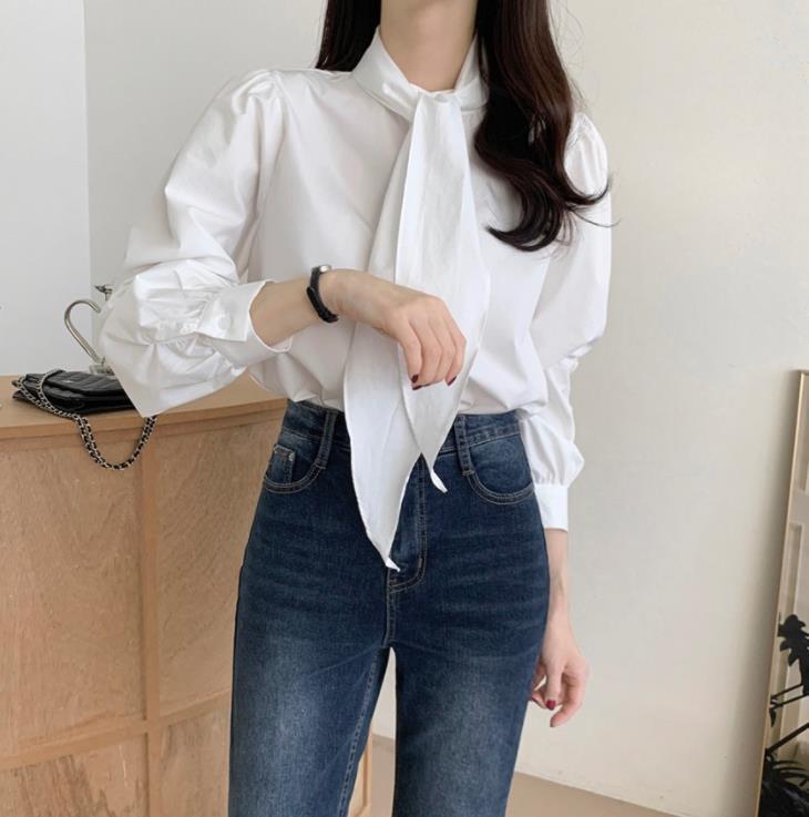 Spring New Gentle Lace-up Bow Tie Design Puff Sleeve Solid Color Shirt For Women