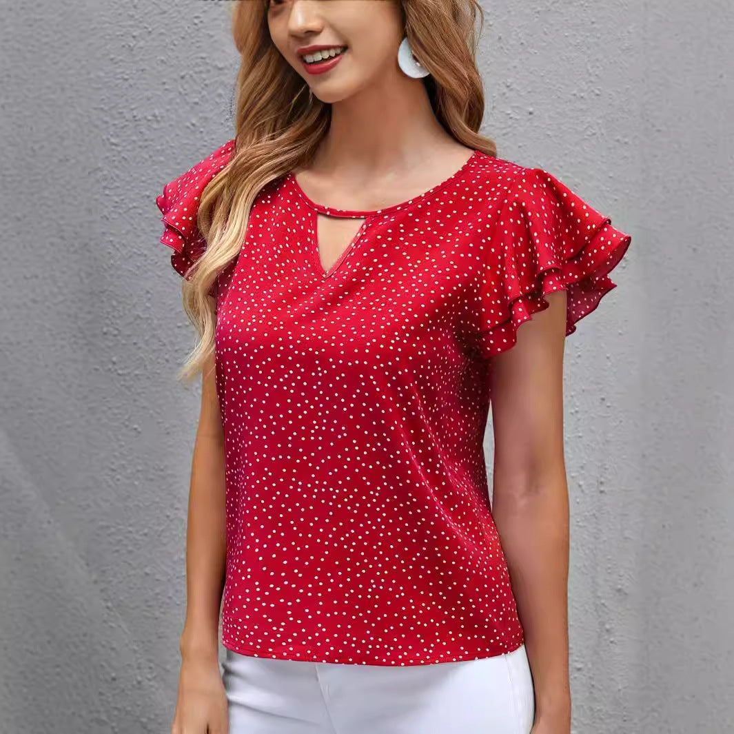 Women's New Polka Dot Ruffle Sleeve V-neck Top