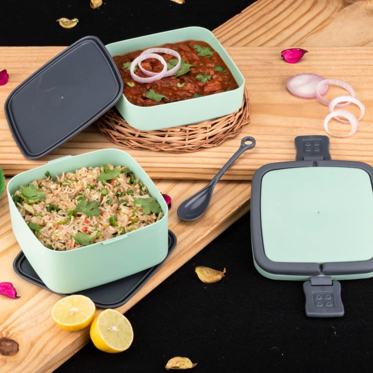 2860 Green Double-layer Portable Lunch Box Stackable With Carrying Handle And Spoon Lunch Box - eazy cart store