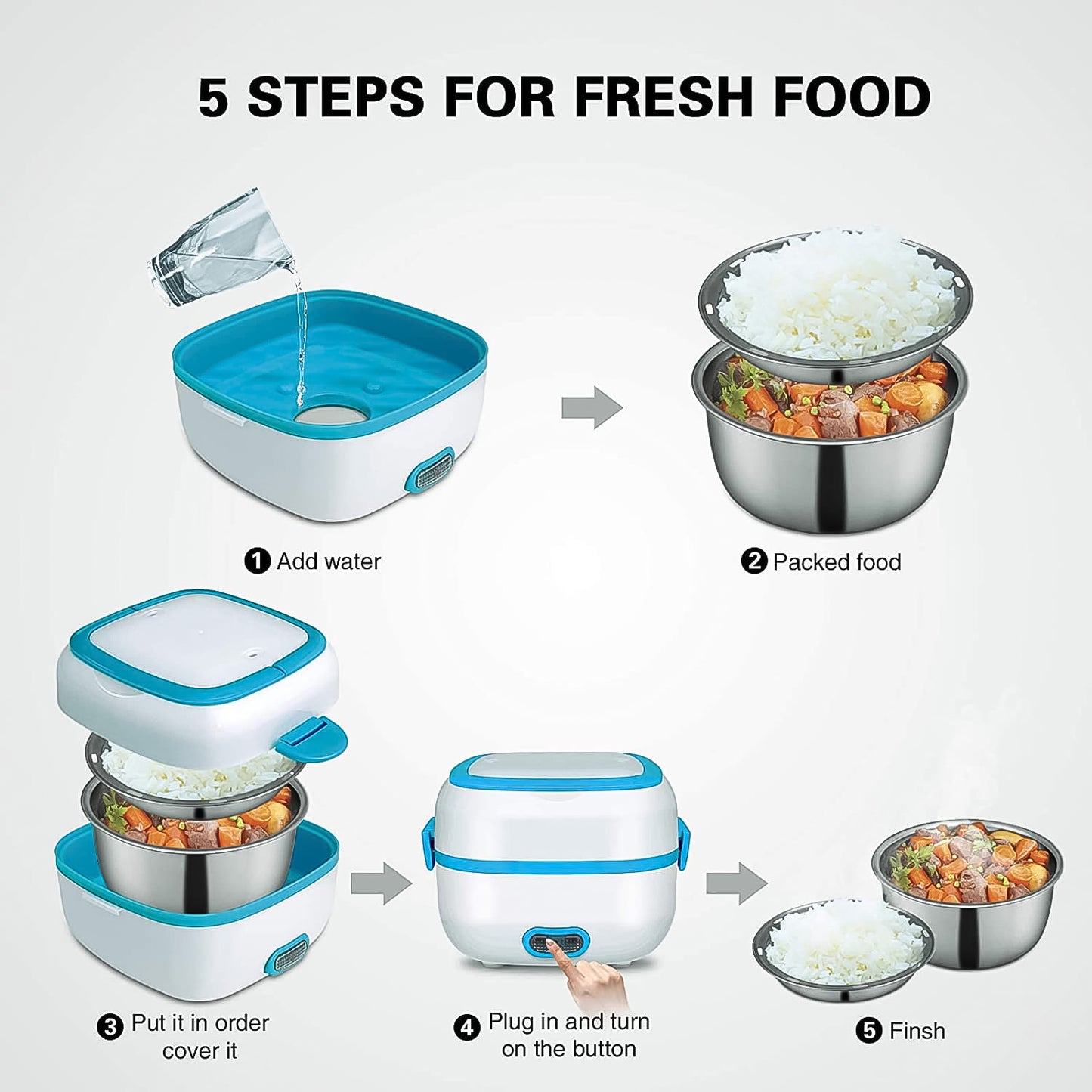 Electric Lunch Box 3 In 1 Food Heater Cooker Steamer With Stainless Steel Bowls (1 Set) - eazy cart store