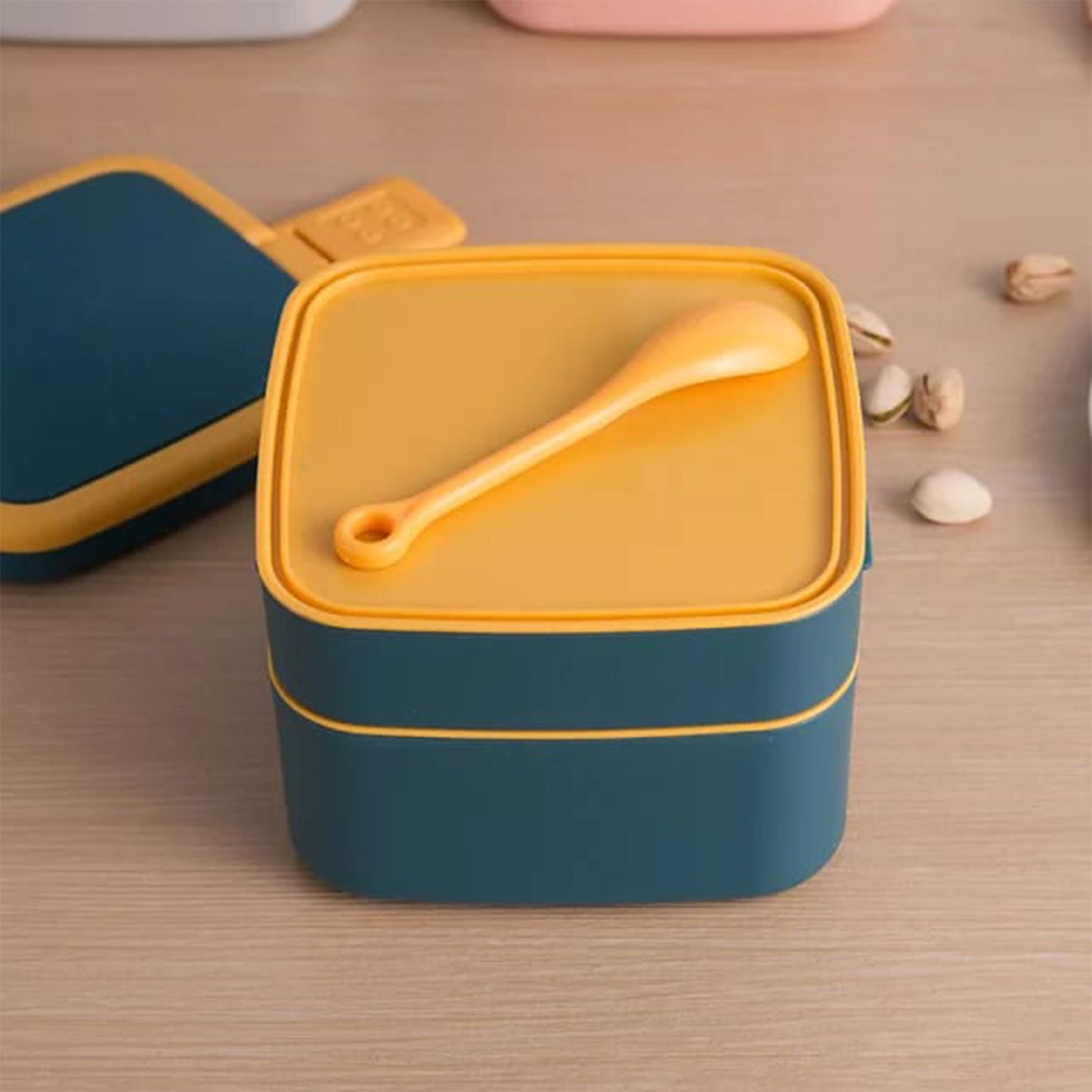 2868 Blue Double-layer Portable Lunch Box Stackable With Carrying Handle And Spoon Lunch Box - eazy cart store