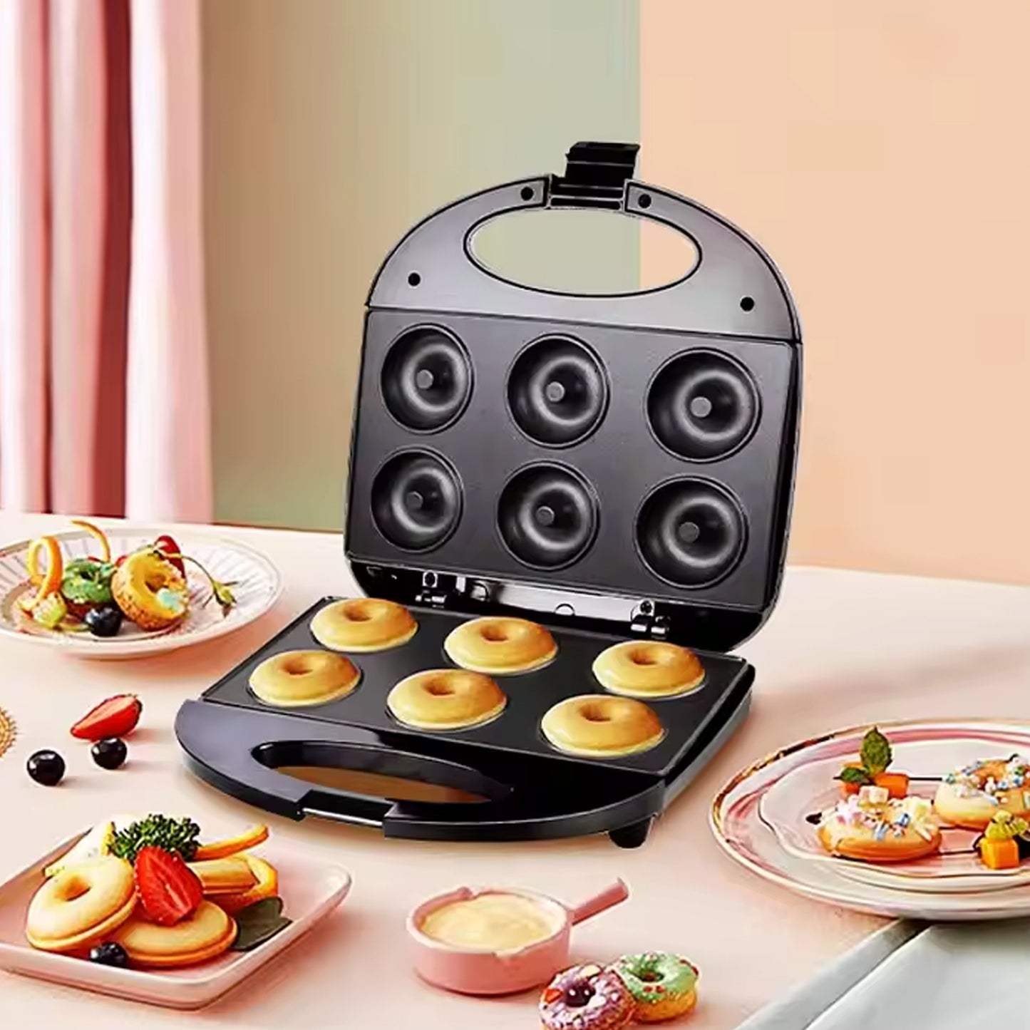 Donut Maker Machine 750w Electric Donut Maker 6pcs Circle Shaped Cavity (1 Pc With 2 Pin Plug Converter 1 Pc ) - eazy cart store