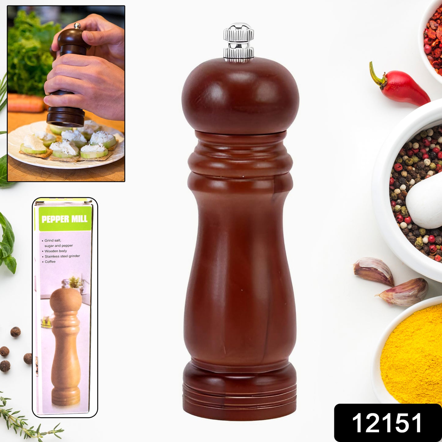 Wooden Pepper Mill 8 Inch Tall - Best Pepper Grinder (1 Pc) - eazy cart store