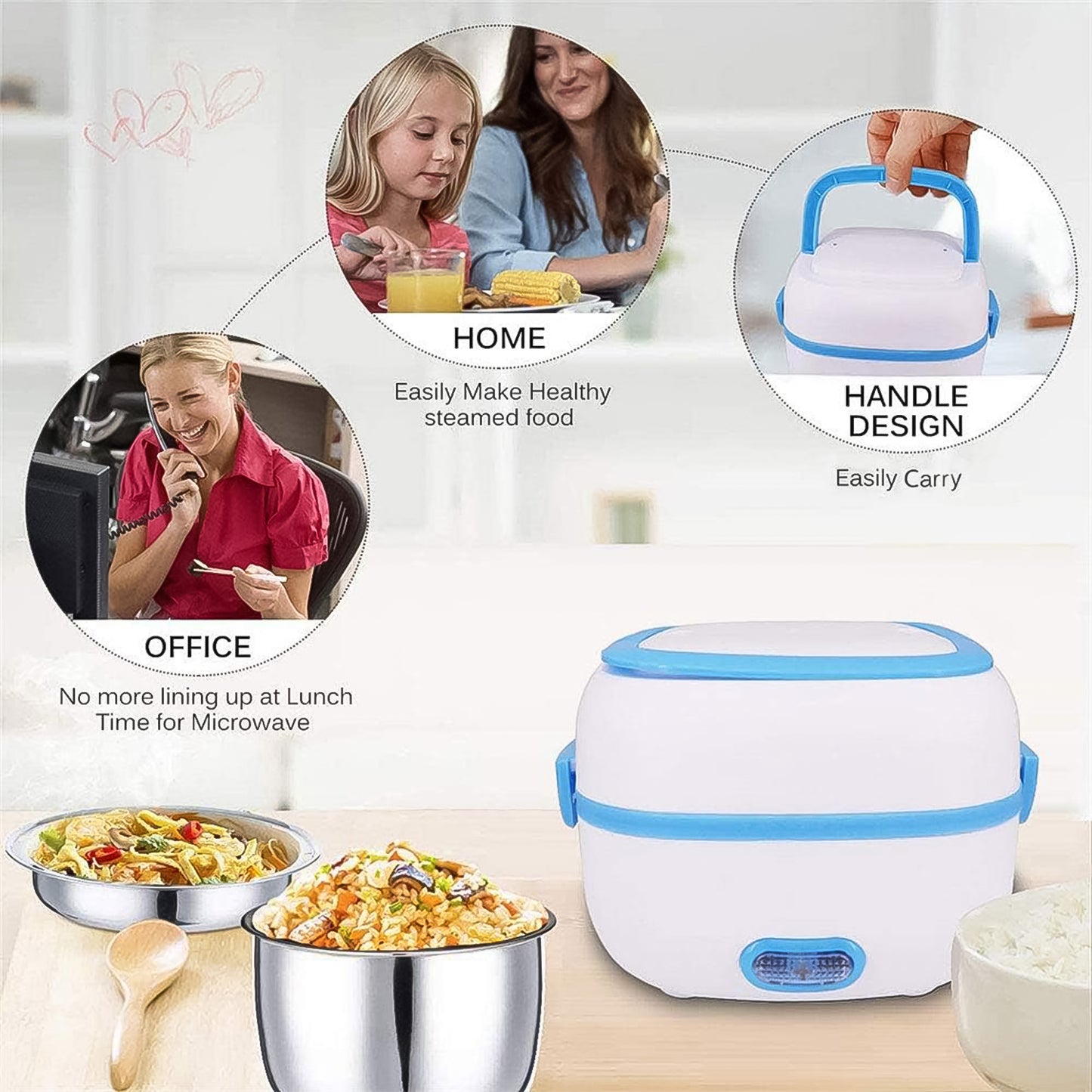 Electric Lunch Box 3 In 1 Food Heater Cooker Steamer With Stainless Steel Bowls (1 Set) - eazy cart store