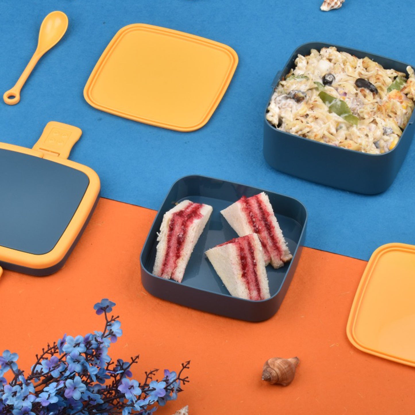 2868 Blue Double-layer Portable Lunch Box Stackable With Carrying Handle And Spoon Lunch Box - eazy cart store