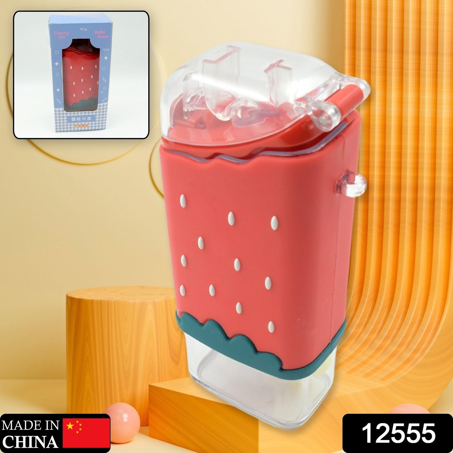 12555 Portable Cute Water Bottle For Kids Unique Ice Cream Shape Water Cup Popsicle Shaped Plastic Kettle With Straw Adjustable Shoulder Strap Bpa Free Leakproof (300 Ml) - eazy cart store