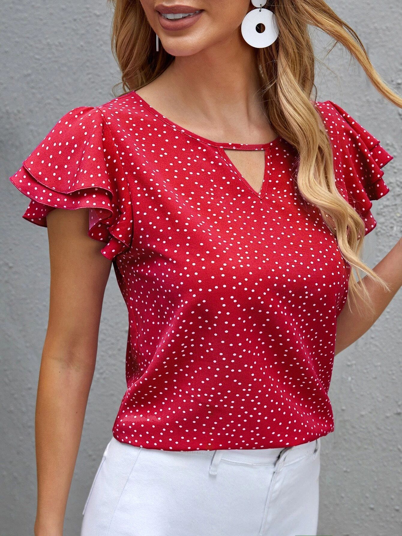 Women's New Polka Dot Ruffle Sleeve V-neck Top