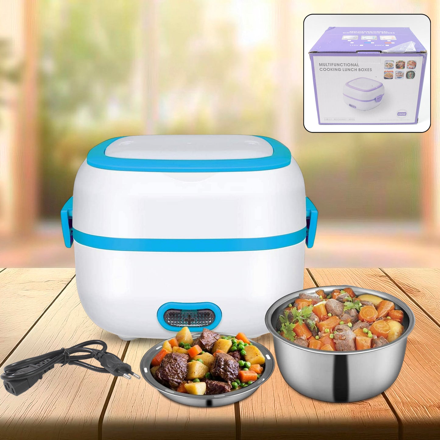 Electric Lunch Box 3 In 1 Food Heater Cooker Steamer With Stainless Steel Bowls (1 Set) - eazy cart store