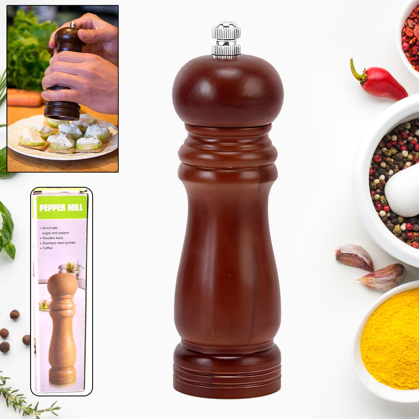 Wooden Pepper Mill 8 Inch Tall - Best Pepper Grinder (1 Pc) - eazy cart store